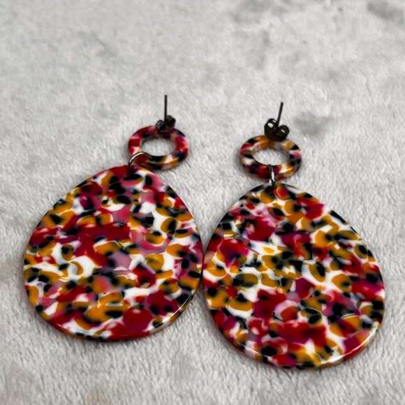 Chunky Confetti Acrylic Granite Earrings Large Dangle Teardrop Pink Yellow - Picture 6 of 6